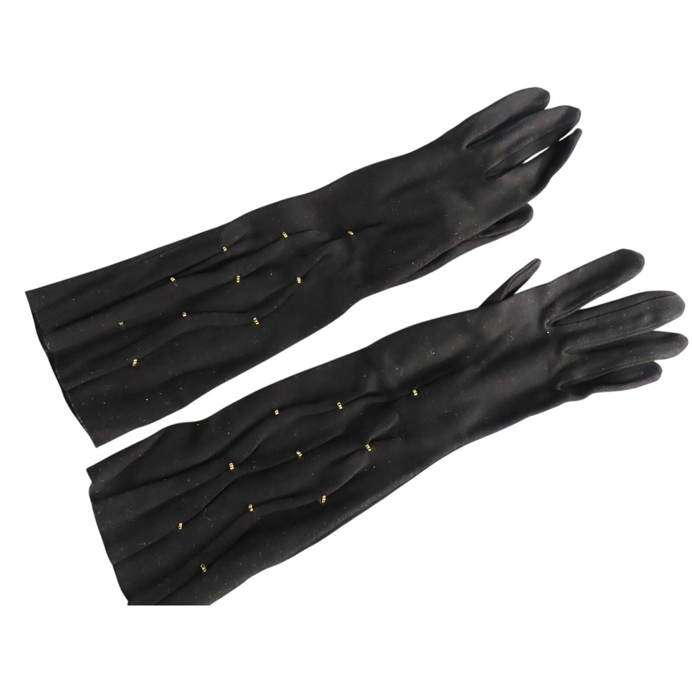 VTG Elvette by Dawnelle BLACK KNIT GLOVES Above Wrist GOLD BEADS Beaded SZ 7-1/2
